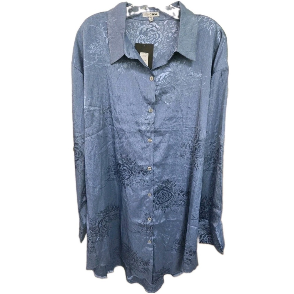 Fashion Nova You Better Work Shirt Dress Blue Floral Jacquard Long Sleeve 1X NEW